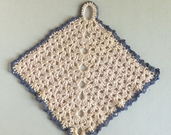 Vintage Crochet Trivet - Large Sized Blue and Ivory Pink Crochet Pot Holder Trivet - Vintage Kitchen Linens Decor - Vintage Crochet