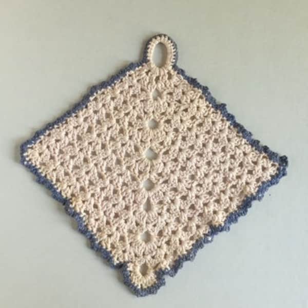 Vintage Crochet Trivet - Large Sized Blue and Ivory Pink Crochet Pot Holder Trivet - Vintage Kitchen Linens Decor - Vintage Crochet
