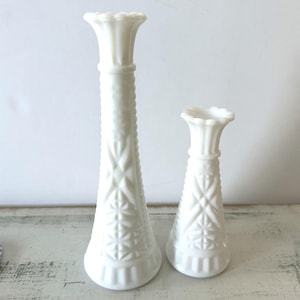 Vintage White Milk Glass &quot;Stars and Bars&quot; Pattern Bud Vases with Fluted Tops - Set of 2