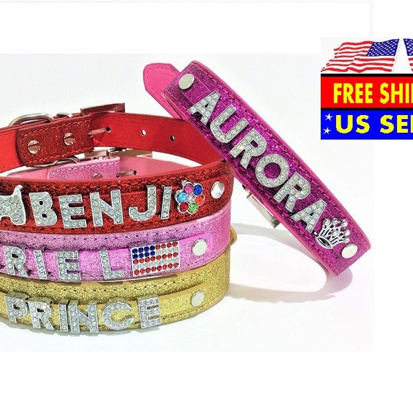 Personalized Leather Dog Collar Custom Bling Leather Dog Collar FREE Rhinestone Name and Charms 4 Colors to Choose From XS/S/M/L