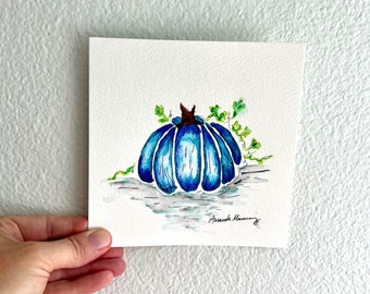 Whimsical Blue Pumpkin Watercolor Painting - Modern Fall and Autumn Decor - Fall Decor - Watercolor Painting - Pumpkin Decor