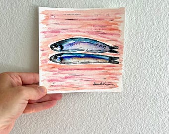 Akvarellmålning av två fiskar | Handmålad original havskonst | Väggdekoration vid kusten | Litet fyrkantigt konstverk | Original akvarellmålning