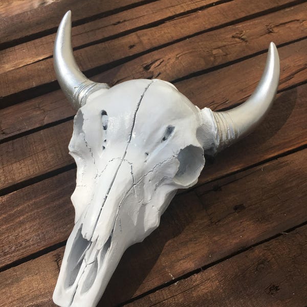 White and Metallic Silver Cow Skull, Faux Taxidermy Cow, Fake Taxidermy, Animal Head Wall Decor, Wall Mount, Rustic Decor, Rustic Home Decor