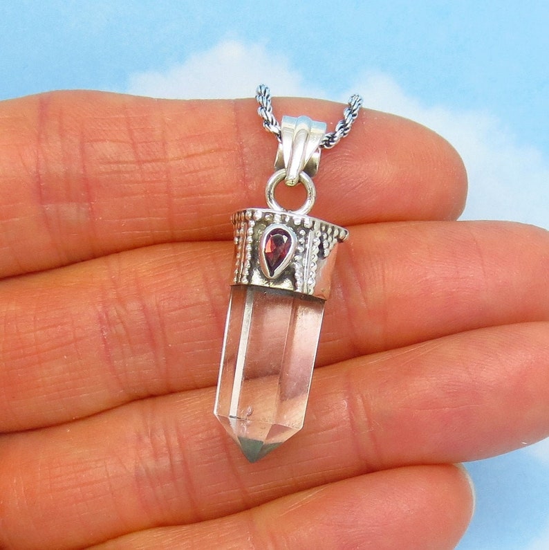 Natural Quartz Point /& Garnet Pendant Necklace 261503 Boho Clear Quartz Genuine Rock Crystal 925 Sterling Silver