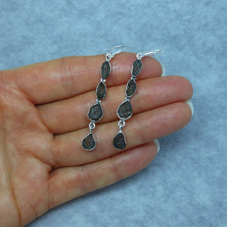 Sterling Silver Long Dangles Leverback su172308 Genuine Czech Moldavite Earrings