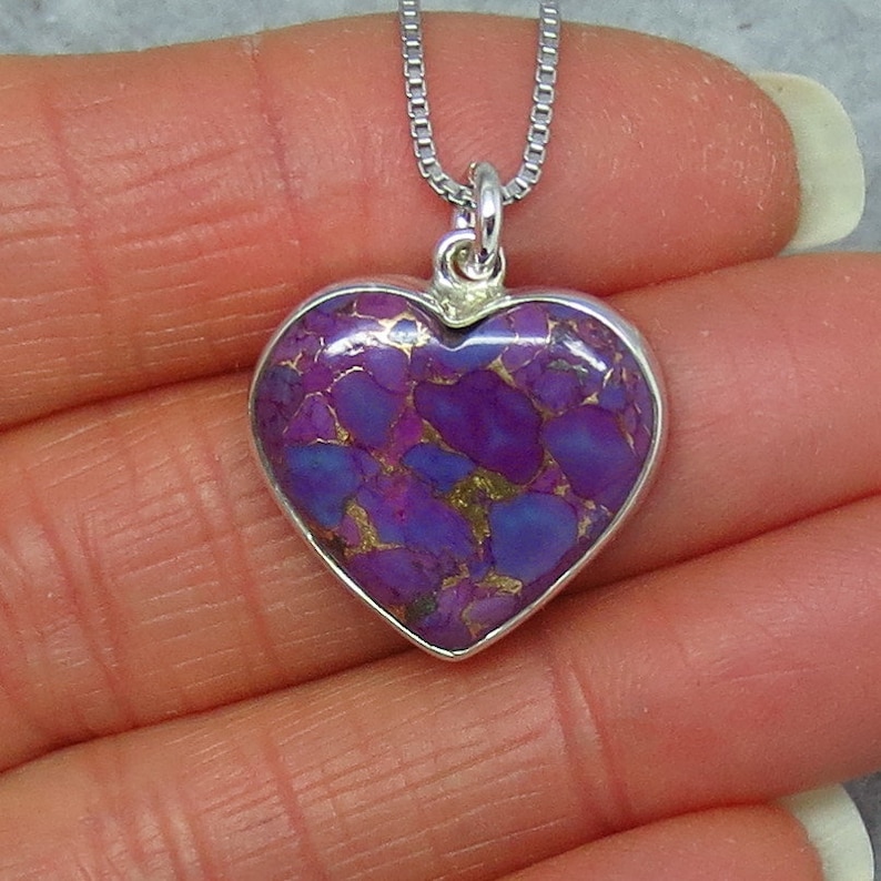 Tiny Sterling Silver Simple Dainty Petite Small Mojave Purple Copper Turquoise Heart Pendant Necklace su140901 Delicate