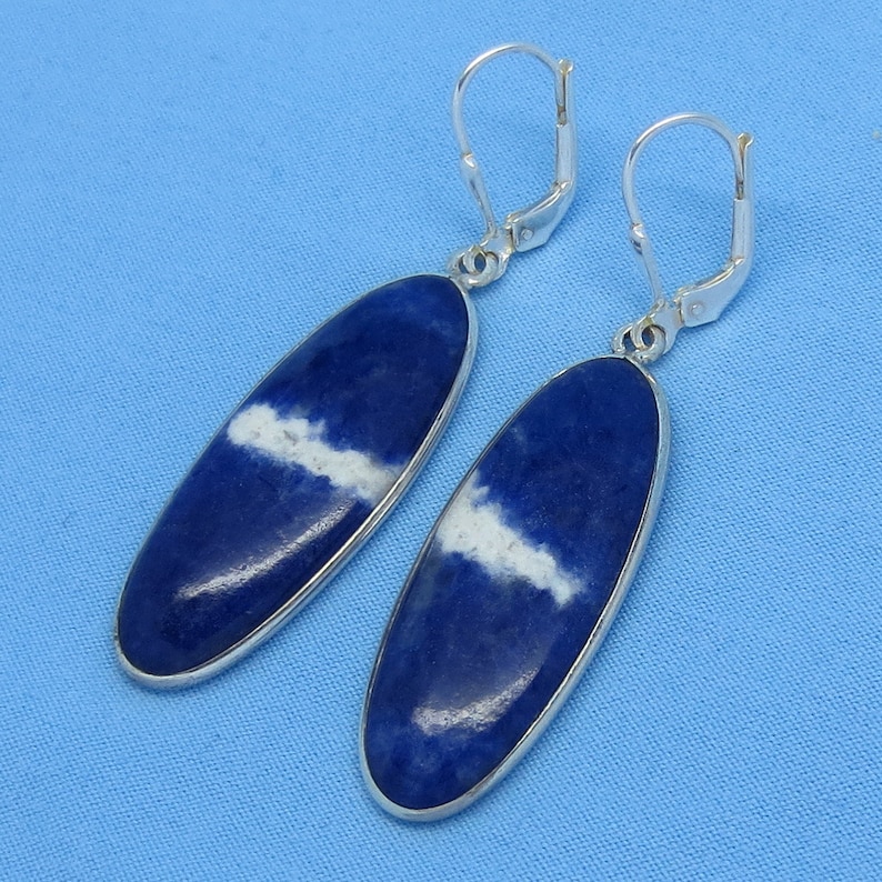Sterling Silver Montana Sodalite Earrings Leverback 2 Long Oval Dangles 171603