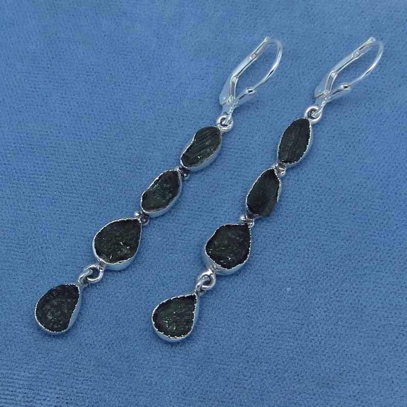 Sterling Silver Long Dangles Leverback su172308 Genuine Czech Moldavite Earrings