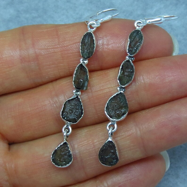 Sterling Silver Long Dangles Leverback su172308 Genuine Czech Moldavite Earrings