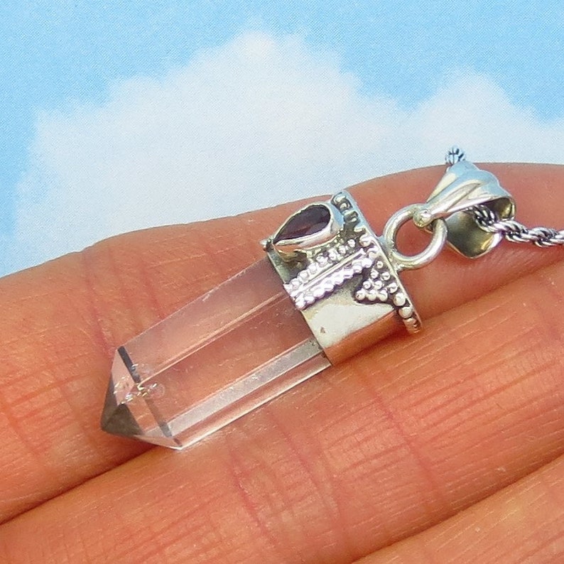Natural Quartz Point /& Garnet Pendant Necklace 261503 Boho Clear Quartz Genuine Rock Crystal 925 Sterling Silver