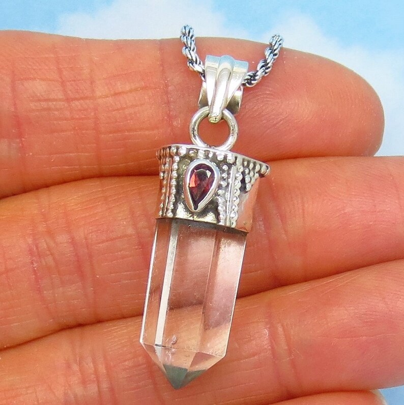 Natural Quartz Point /& Garnet Pendant Necklace 261503 Boho Clear Quartz Genuine Rock Crystal 925 Sterling Silver
