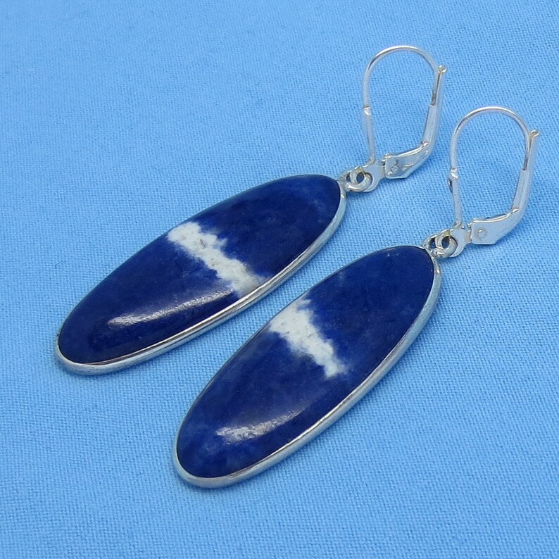 Sterling Silver Montana Sodalite Earrings Leverback 2 Long Oval Dangles 171603