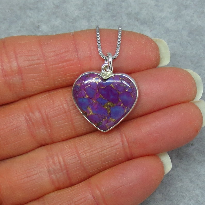 Tiny Sterling Silver Simple Dainty Petite Small Mojave Purple Copper Turquoise Heart Pendant Necklace su140901 Delicate