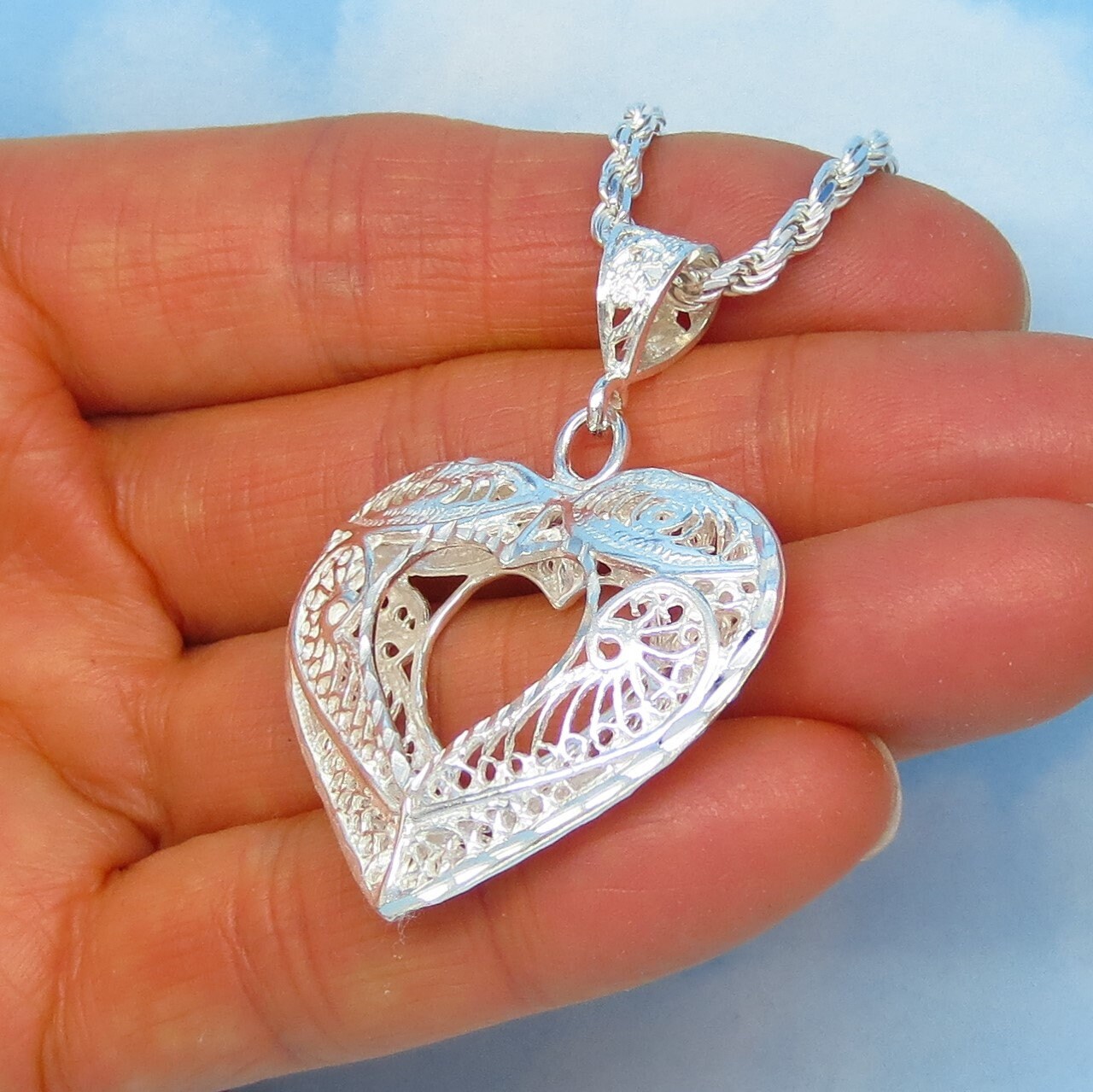 Large Sterling Silver Heart Pendant Necklace Filigree Puff Etsy