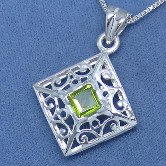 Solid 925 Sterling Silver Peridot Green August Gemstone Diamond Pendant Charm 24mm x 6mm