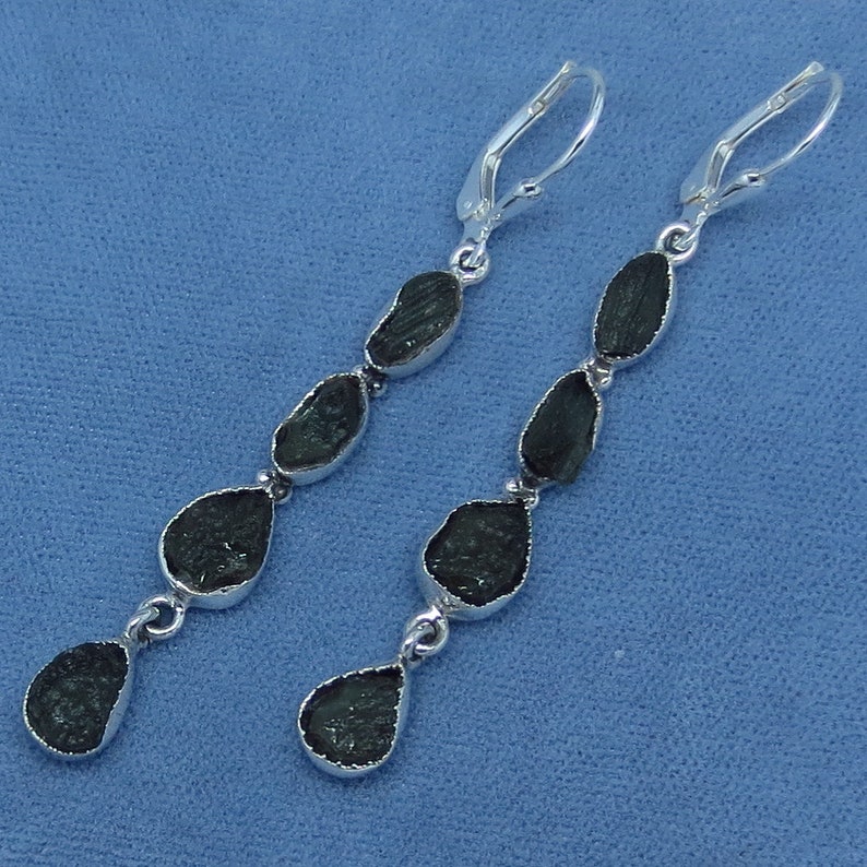Sterling Silver Long Dangles Leverback su172308 Genuine Czech Moldavite Earrings