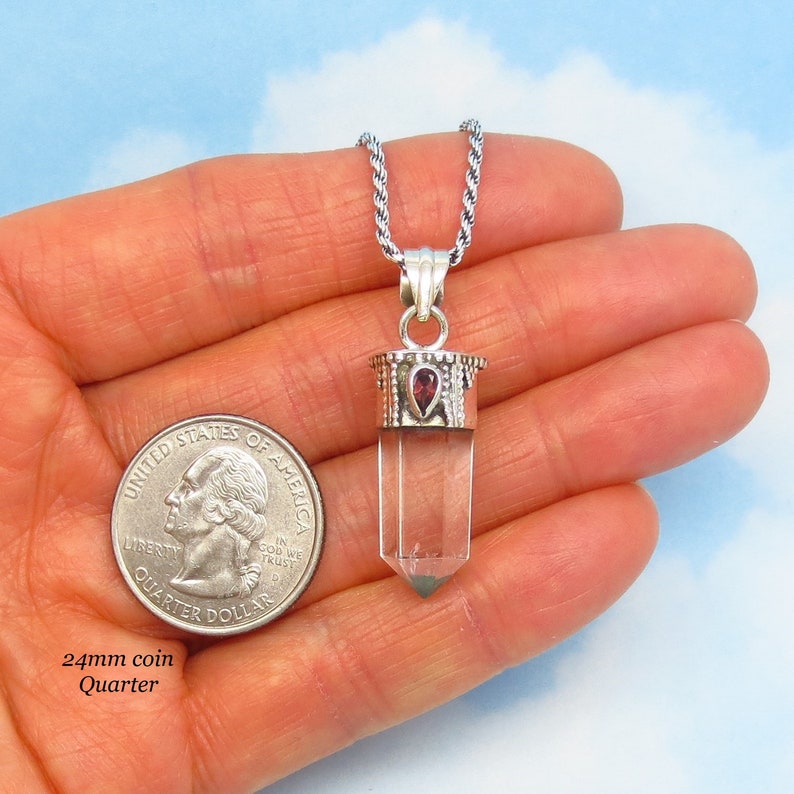 Natural Quartz Point /& Garnet Pendant Necklace 261503 Boho Clear Quartz Genuine Rock Crystal 925 Sterling Silver