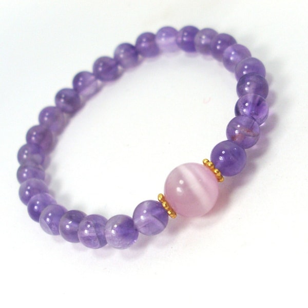 Amethyst Children's Bracelet 5mm with Cat's eye, Natural Gemstone Bracelet, Purple Beaded Bracelet for Girl, Gift for Child Girl + Gift Bag