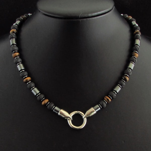 Collana da uomo in pietra lavica ed ematite occhio di tigre, collana fatta a mano, aggiungi collana da uomo con ciondolo, collana di pietre preziose da uomo, collana di perline da uomo