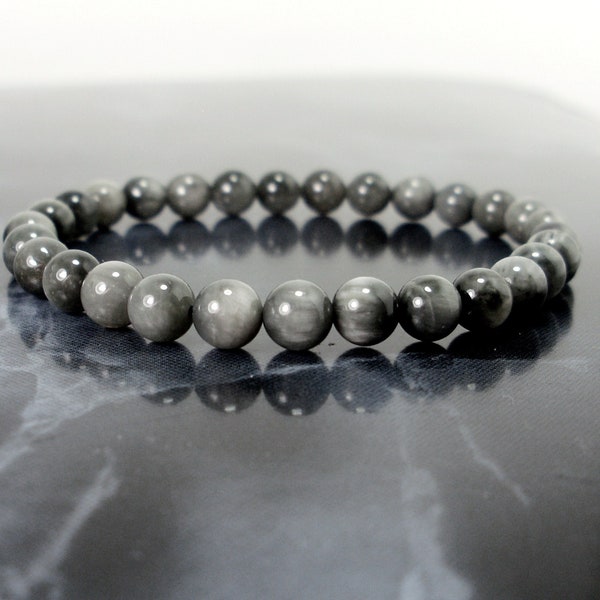 Bracelet oeil de chat gris brésilien 6 mm, bracelet de pierres précieuses naturelles, bracelet de perles pour homme, cadeau pour elle et lui + pochette cadeau