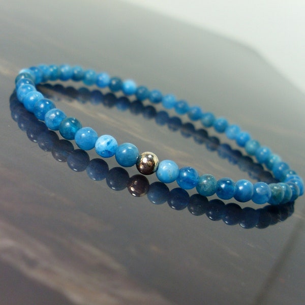 Bracelet en apatite bleue naturelle 4 mm avec perle en argent sterling, bracelet délicat en perles de pierres précieuses véritables pour femme ou fille, pour elle + sac cadeau