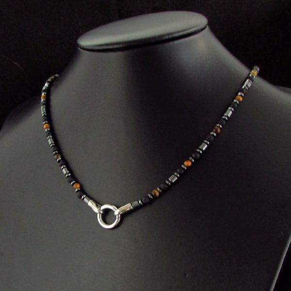 Collana da uomo in pietra lavica ed ematite occhio di tigre, collana fatta a mano, aggiungi collana da uomo con ciondolo, collana di pietre preziose da uomo, collana di perline da uomo