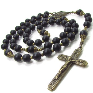 Onyx Gemstone Handmade Catholic Rosary, Gemstone Catholic Rosary, Mens Cross Beaded Rosary Necklace, Mens Bronze Cross Necklace + Gift Box