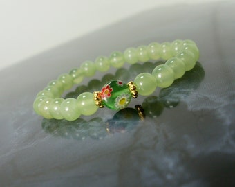 Green Jade Bracelet for Children with Millefiori Murano, Natural Gemstone Beaded Bracelet for Girl, Kids Gift, Gift for Children + Gift Bag