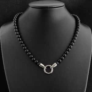 Matzwarte onyx edelsteen herenketting met 316L roestvrijstalen sluiting, hanger herenketting toevoegen, natuurlijke edelsteen herenkralenketting