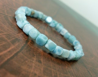 Dominican Larimar Bracelet 5-6 mm free form beads, Natural Gemstone Women Men Stretch Blue Beaded Bracelet, Gift for Her for Him + Gift Box