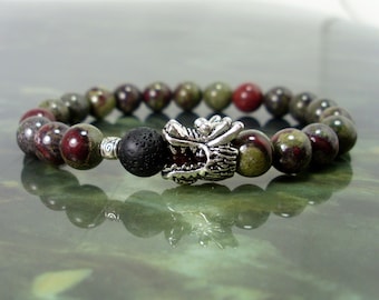 Dragon Blood Jasper and Lava Stone Bracelet With Dragon Head