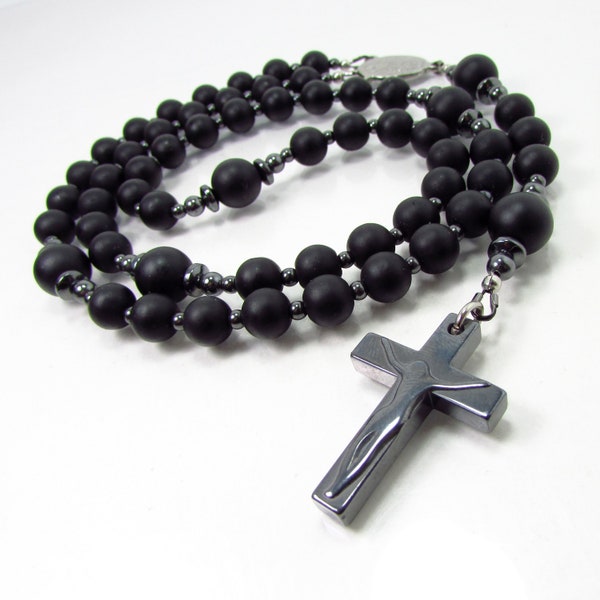 Onyx matte and Hematite Mens Rosary Necklace,Hematite Cross,Onyx Mens Cross Necklace,Natural Gemstone Beaded Rosary,Cross Necklace +Gift Box
