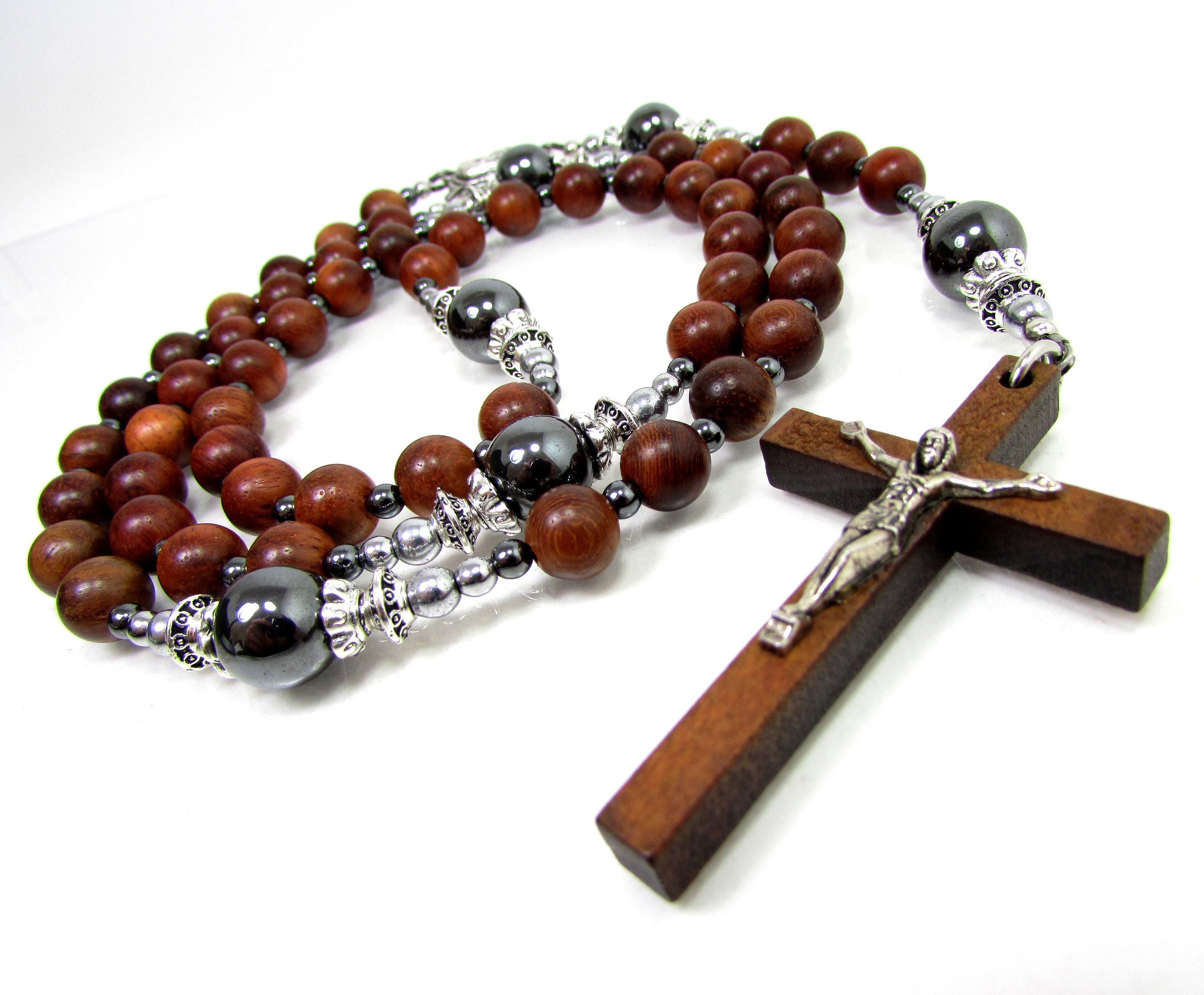 Katholisches Kreuz Rosenkranz Unisex Halskette, Naturholz