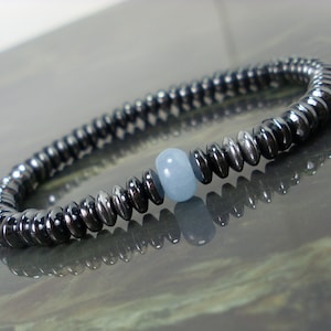 Aquamarine and Hematite Mens Bracelet 6mm,  Women Mens Beaded Bracelet, Natural Gemstone Bracelet, Minimalistic Bracelet + Gift Bag