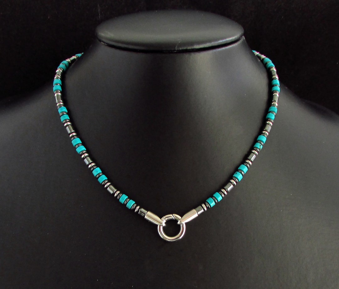 Turquoise Mens Necklace 5mm, Mens Gemstone Necklace, 316L Stainless
