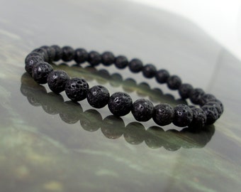 Volcanic Lava Stone Bracelet 6mm, Natural Gemstone Bracelet, Unisex Women Mens Black Beaded Bracelet, Gift for Her, Gift for Him + Gift Bag