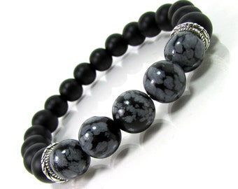 Snowflake Obsidian and Black Onyx Mens Bracelet, Natural Gemstones Mens Bracelet, Gift for Men, Handmade Mens Beaded Bracelet