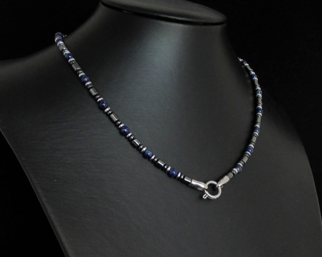Lapis Lazuli and Hematite Mens Necklace, Handmade Necklace, Add Pendant