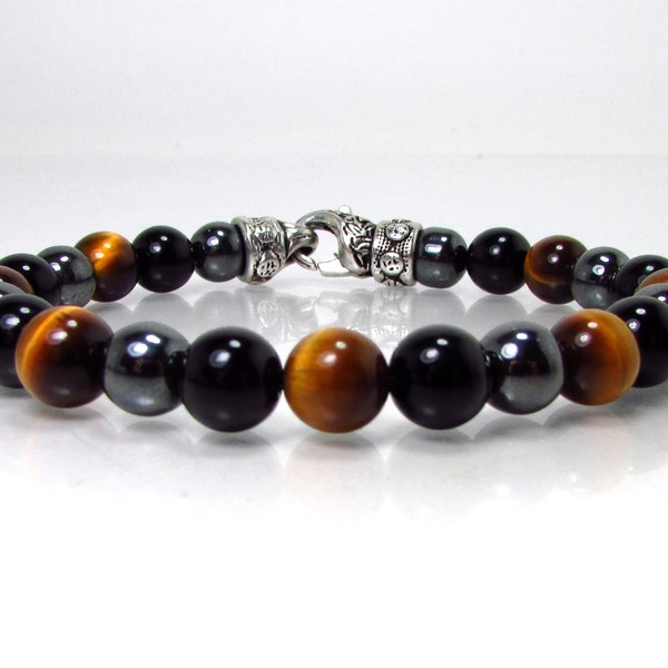 Triple Protection Bracelet with Clasp, Natural Tigers Eye Black Obsidian and Hematite Gemstones 8mm Beaded Bracelet for Men for Women Gift