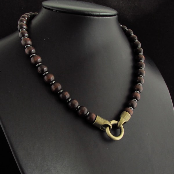 Collier pour hommes en bois et hématite avec fermoir à anneau, ajouter un collier pour hommes pendentif, collier de pierres précieuses naturelles pour hommes, collier de perles pour hommes