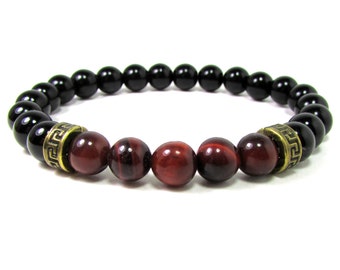 Bracelet homme onyx et oeil de tigre rouge 8 mm, bracelet homme pierres précieuses naturelles, bracelet oeil de tigre pour homme, cadeau pour homme, bracelet de perles pour homme