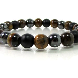 Tiger Eye Hematite and Black matte Onyx Mens Bracelet 8mm, Mens Natural Gemstone Bracelet, Mens Beaded Bracelet, Gift for Him, Mens Gift
