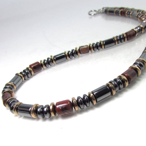 Brecciated Jasper and Hematite Mens Beaded Necklace, Brecciated Jasper Mens Necklace, Gift for Men, Mens Gemstone Necklace, Men Choker