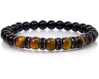 Tiger Eye and Onyx Mens Bracelet,Mens Bracelet,Tiger Eye Mens Bracelet,Mens Gemstone Bracelet,Bracelet for Men,Mens Beaded Bracelet