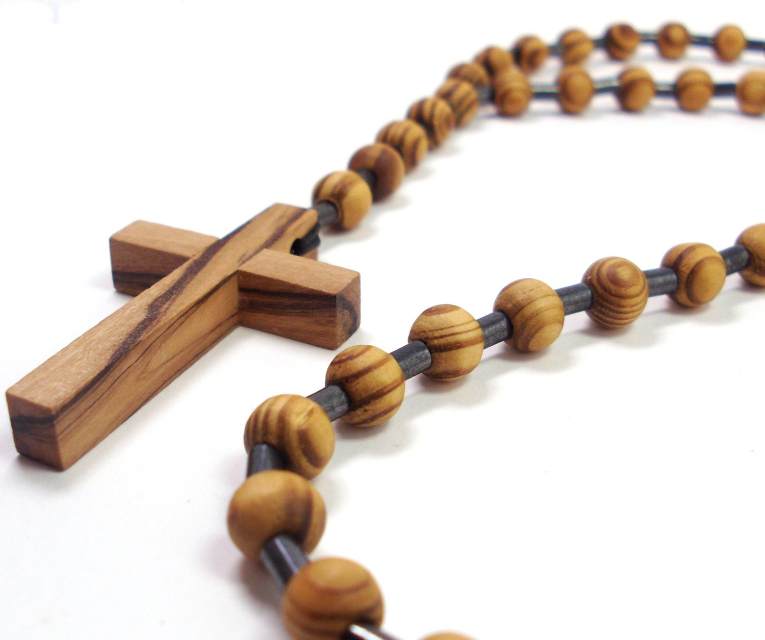 Wood and Hematite Rosary Necklace Mens 