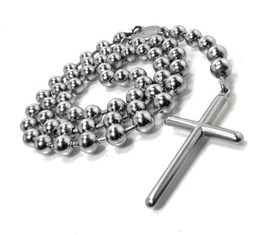 Mens Silver-Tone Stainless Steel Rosary Necklace - Walmart.com