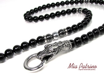 Collier de pierres précieuses pour hommes en onyx noir avec tête de dragon en acier inoxydable 316L, collier pour hommes de perles de pierres précieuses naturelles pour pendentif (on/off) + boîte cadeau