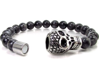 Bracciale Uomo In Pelle Con Chiusura Magnetica – Acciaio 316L Nero Opaco, Placcato Oro O Argento, Idea Regalo
