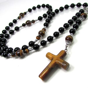Black Onyx and Tiger Eye Gemstone Rosary Necklace 8mm, Natural Gemstone Beaded Rosary Necklace, Handmade Mens Cross Necklace + Gift Box