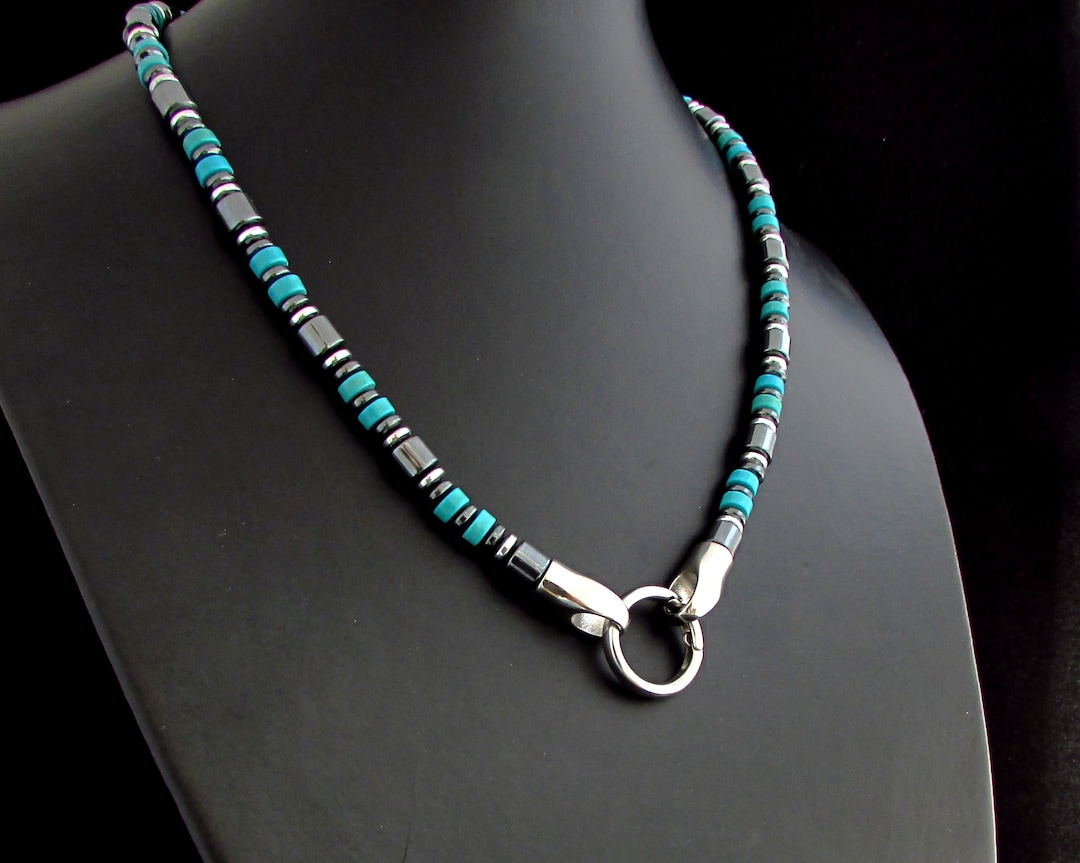 Turquoise Mens Necklace, Mens Gemstone Necklace, 316L Stainless Steel